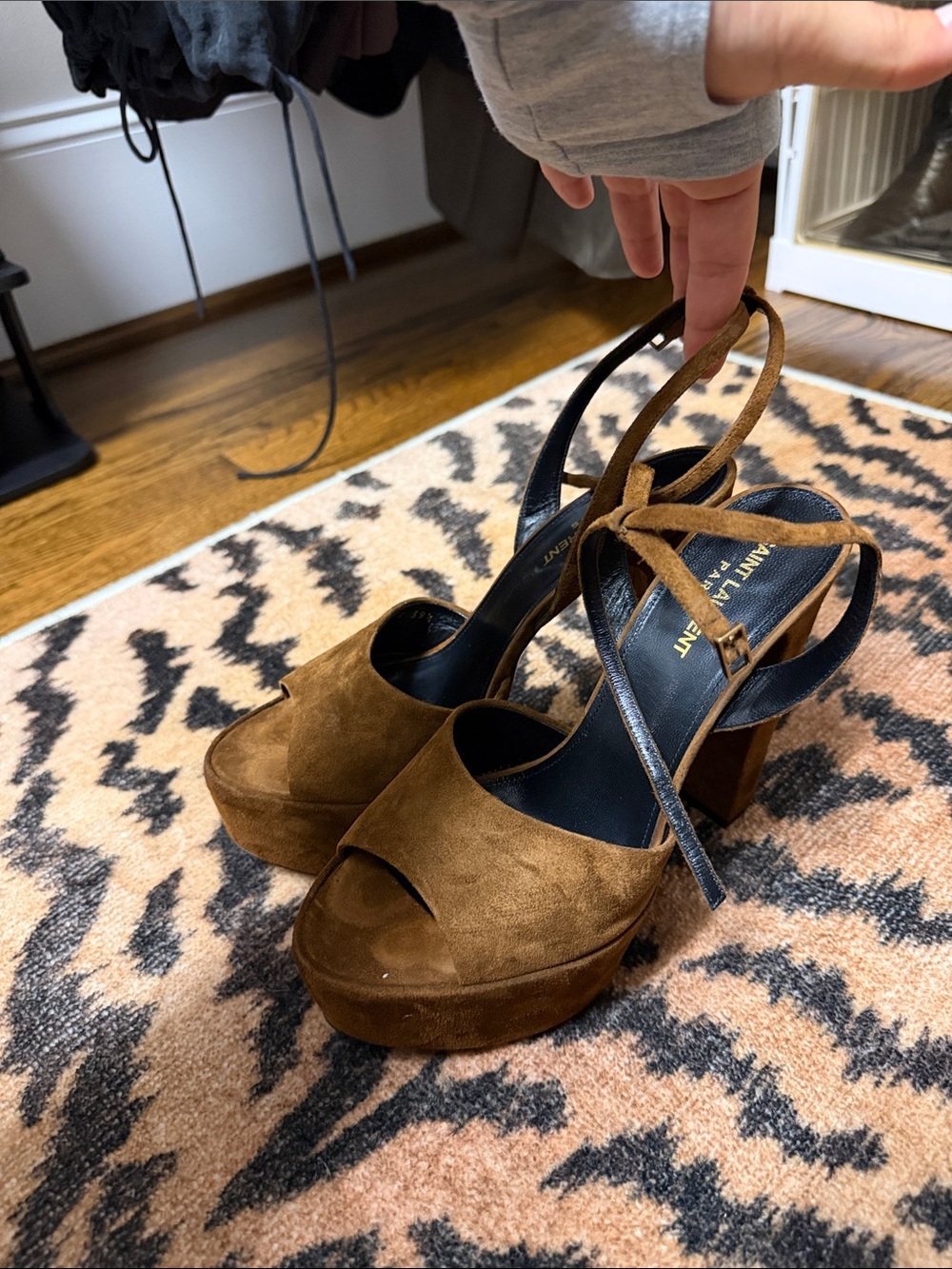 Yves Saint Laurent Brown Suede Platform Sandals with Ankle Strap